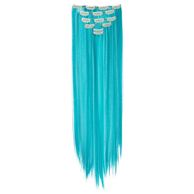 SWACC 7 Pcs Full Head Party Highlights Clip on in Hair Extensions For Women Colored Hair Streak Synthetic Hairpieces (22-Inch Straight, Teal Blue) - Image 3